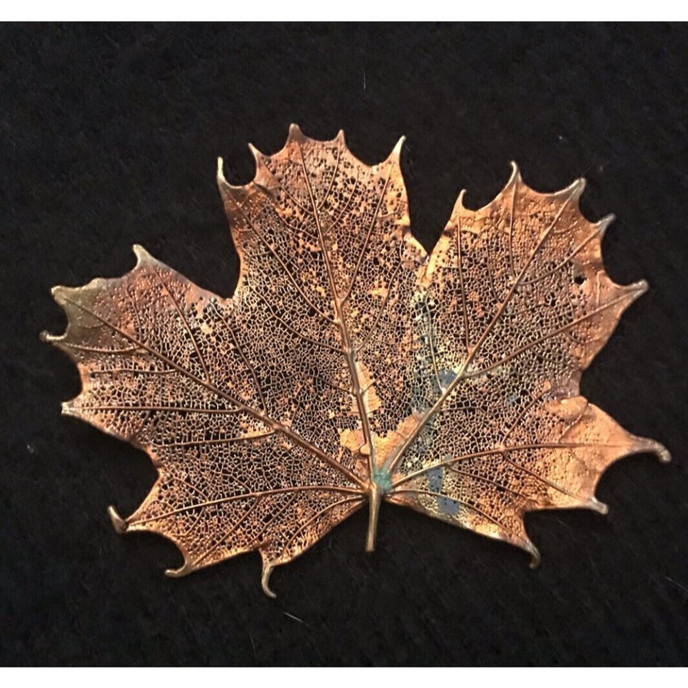 Copper Dipped Filigree Skeleton Leaf Dual Pendant Brooch Vintage Patina 3”